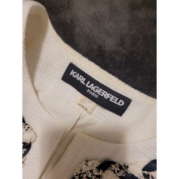 Womens Karl Lagerfeld Paris White Tweed Open Cropped Jacket Braided Trim M - Picture 7 of 8